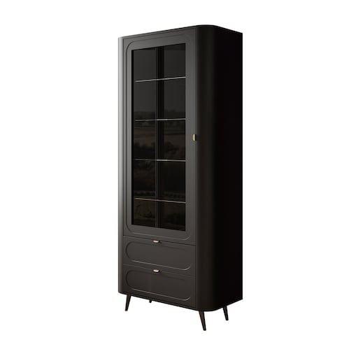 Przeszklona witryna SHADOW II z półkami, oświetlenie LED, nóżki skośne czarne
