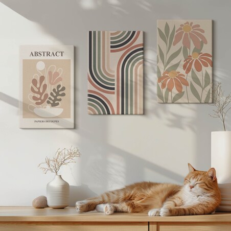 Zestaw 3 małych obrazów na płótnie - Abstrakcyjne rośliny w pastelach - pomarańczowy