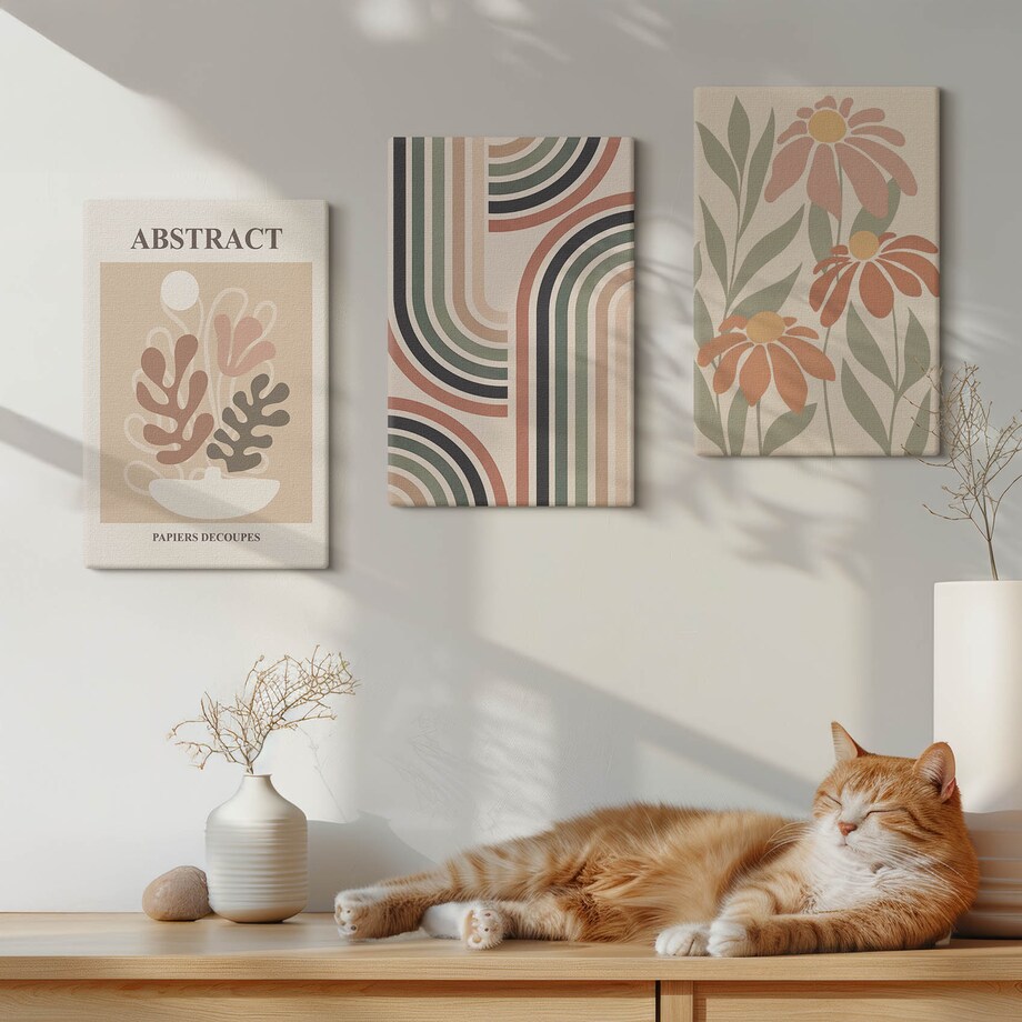 Zestaw 3 małych obrazów na płótnie - Abstrakcyjne rośliny w pastelach - pomarańczowy