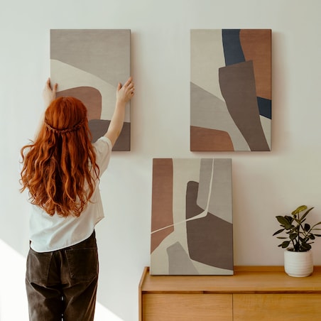 Zestaw 3 dużych obrazów na płótnie - Abstrakcyjne struktury nowoczesne boho - brązowy