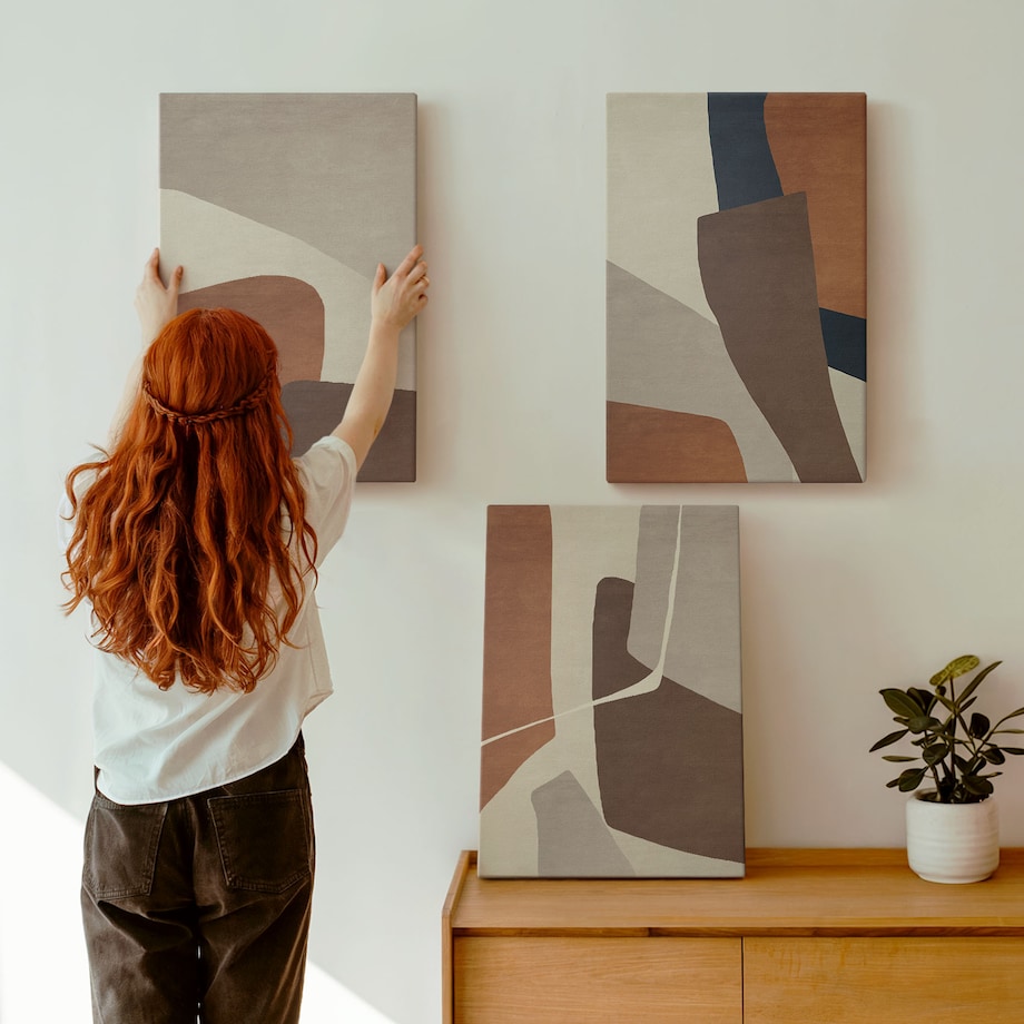 Zestaw 3 dużych obrazów na płótnie - Abstrakcyjne struktury nowoczesne boho - brązowy