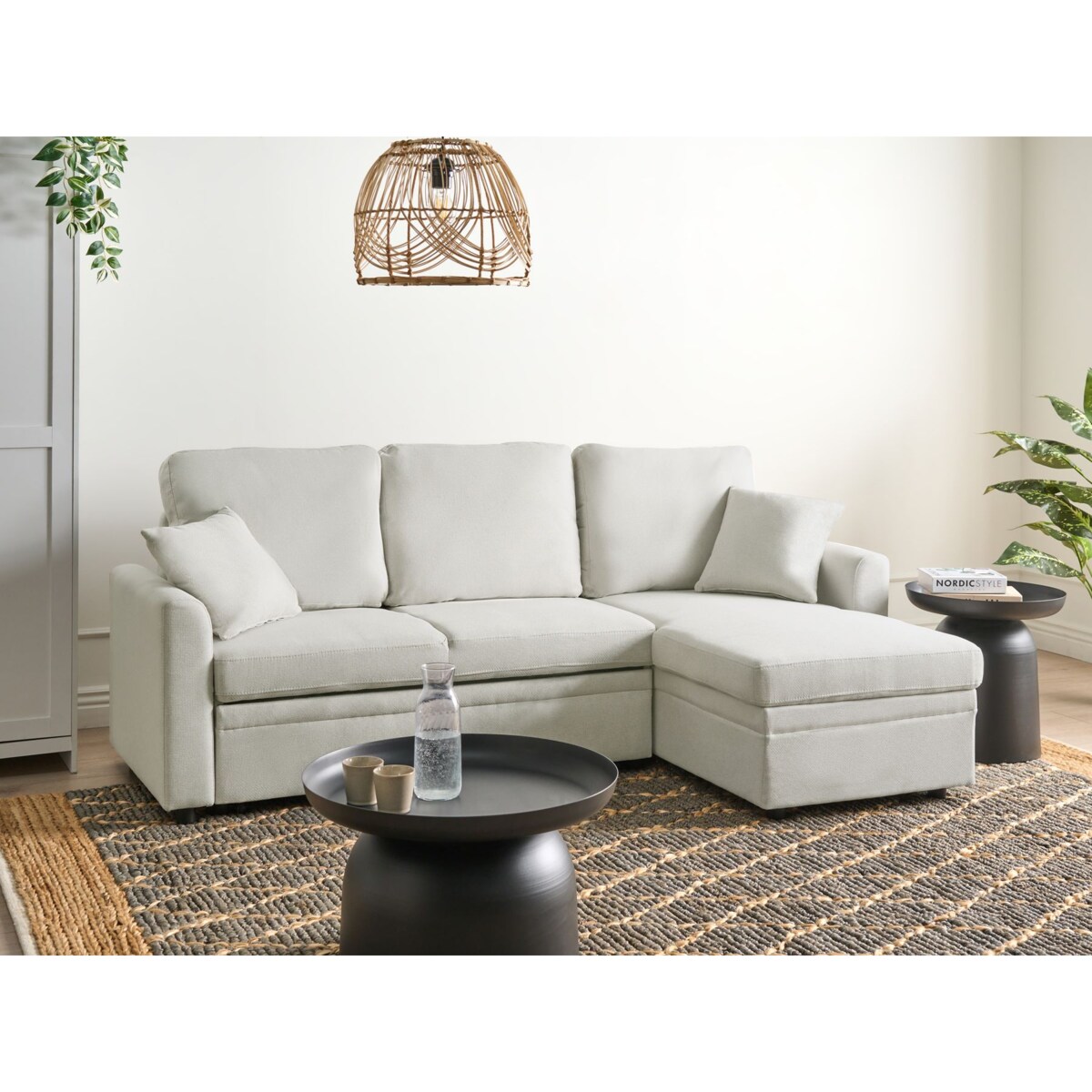 Narożnik rozkładany NASSJO Len syntetyczny Jasnobeżowy dla 3 osób Lewostronny