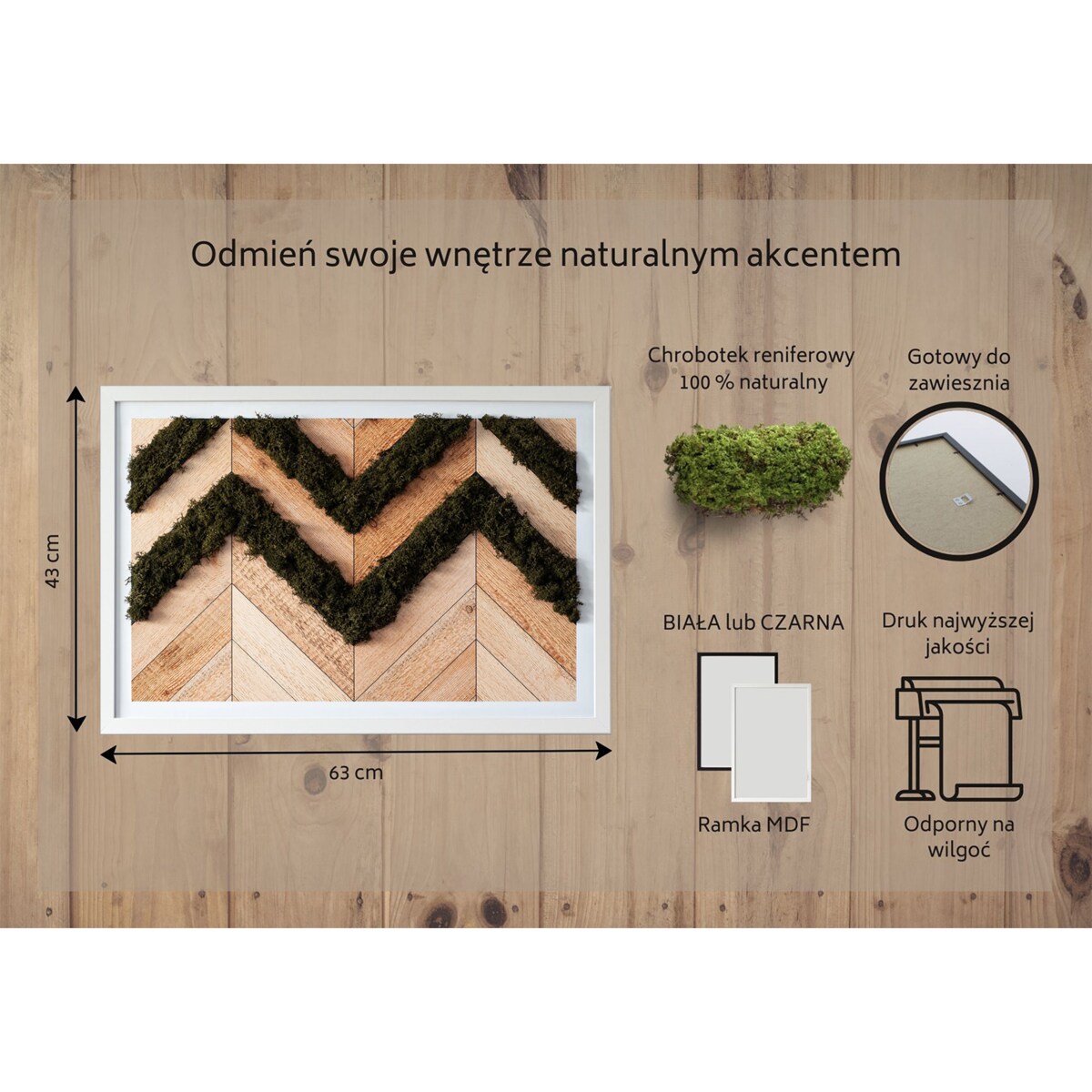 Obraz Deski w jodełkę - mech chrobotek w białej ramie 60x40cm