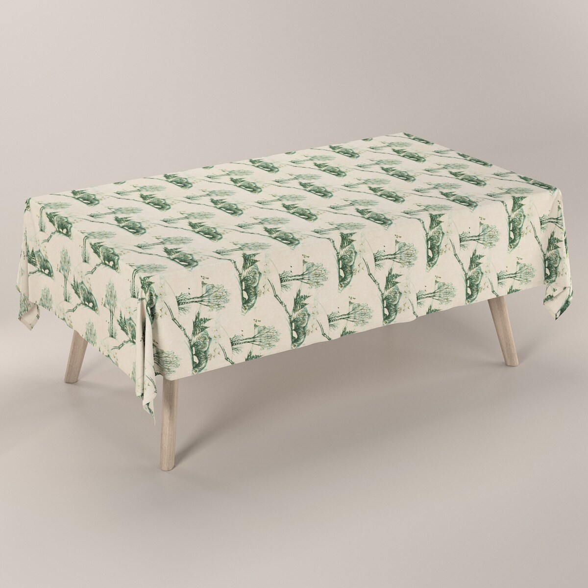 Obrus prostokątny 100 x 100 cm zielony wzór cottage na beżowym tle