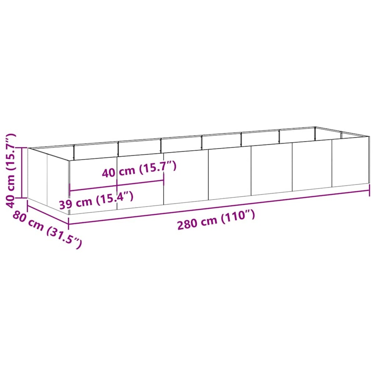 vidaXL Doniczka 280x80x40 cm Stal ocynkowana