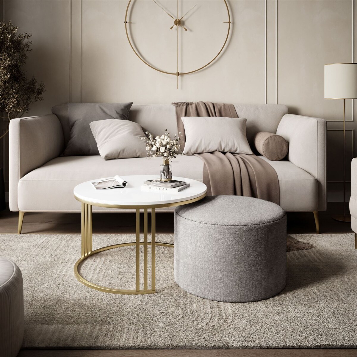 Stolik kawowy z pufą LORI POŁYSK złoto szczotkowane, biały / Perfect Harmony 82