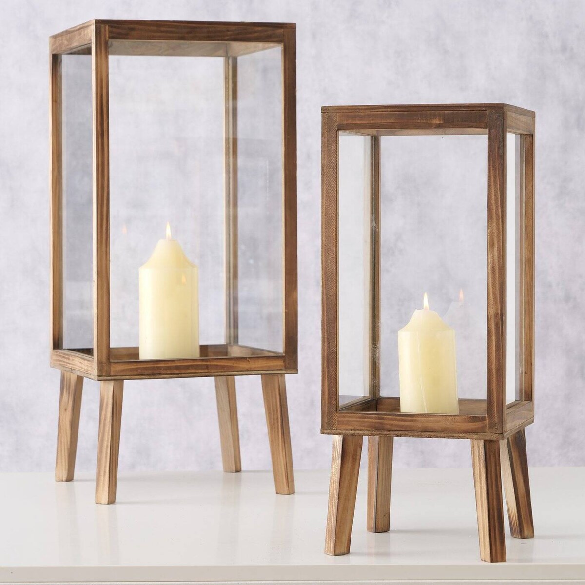 Lampiony drewniane MALIKA, duże, na nóżkach, 2 sztuki