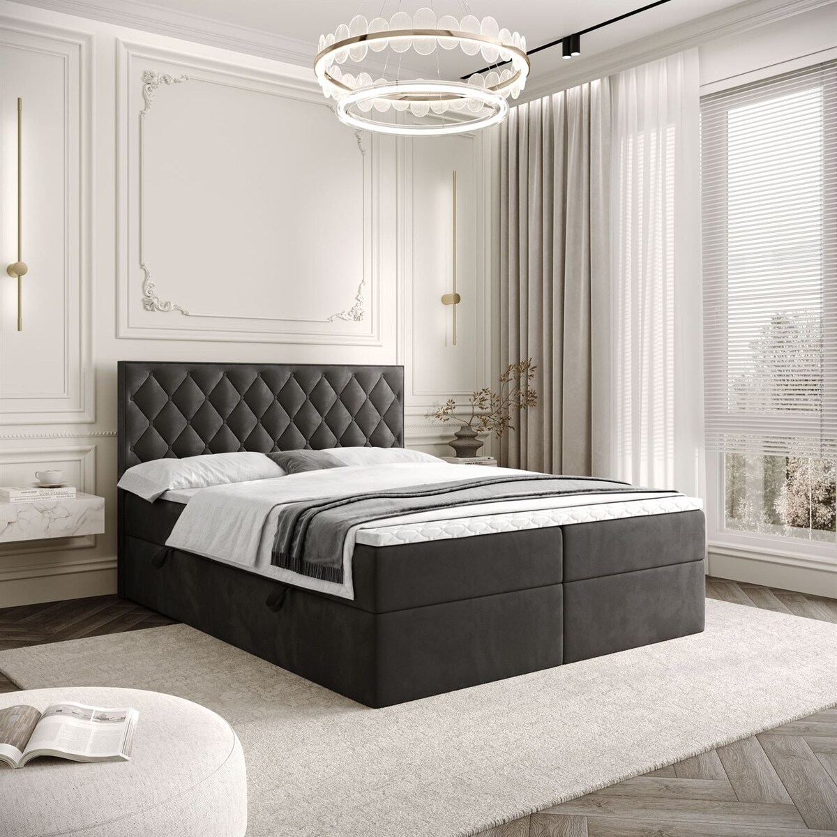 Łóżko kontynentalne INEZ, pojemnik na pościel, 140x200, Royal Velvet 185, topper