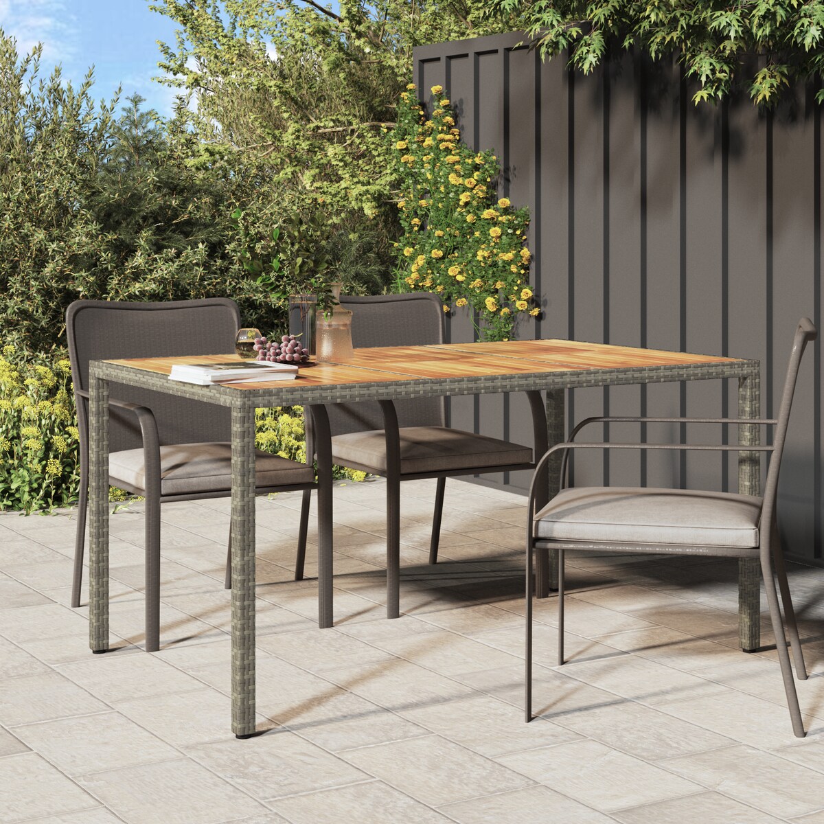 vidaXL Szary stół do jadalni na świeżym powietrzu 150x90x75 cm polirattan