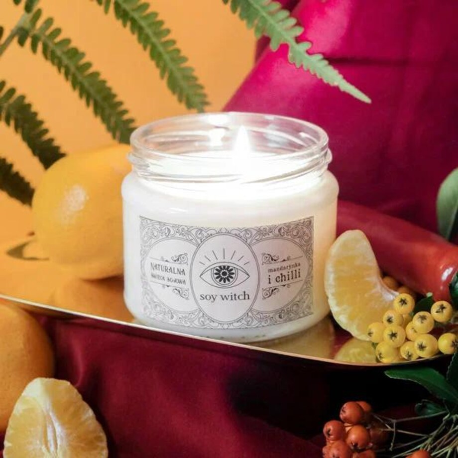 Wegańska Świeczka Świeca Sojowa Zapach mandarynka i Chilli 50H Palenia