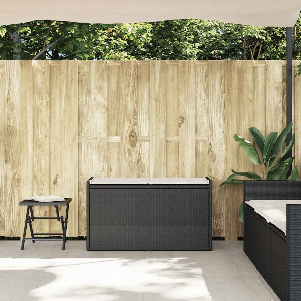 vidaXL Ławka ogrodowa ze schowkiem i poduszką, czarna, polirattan