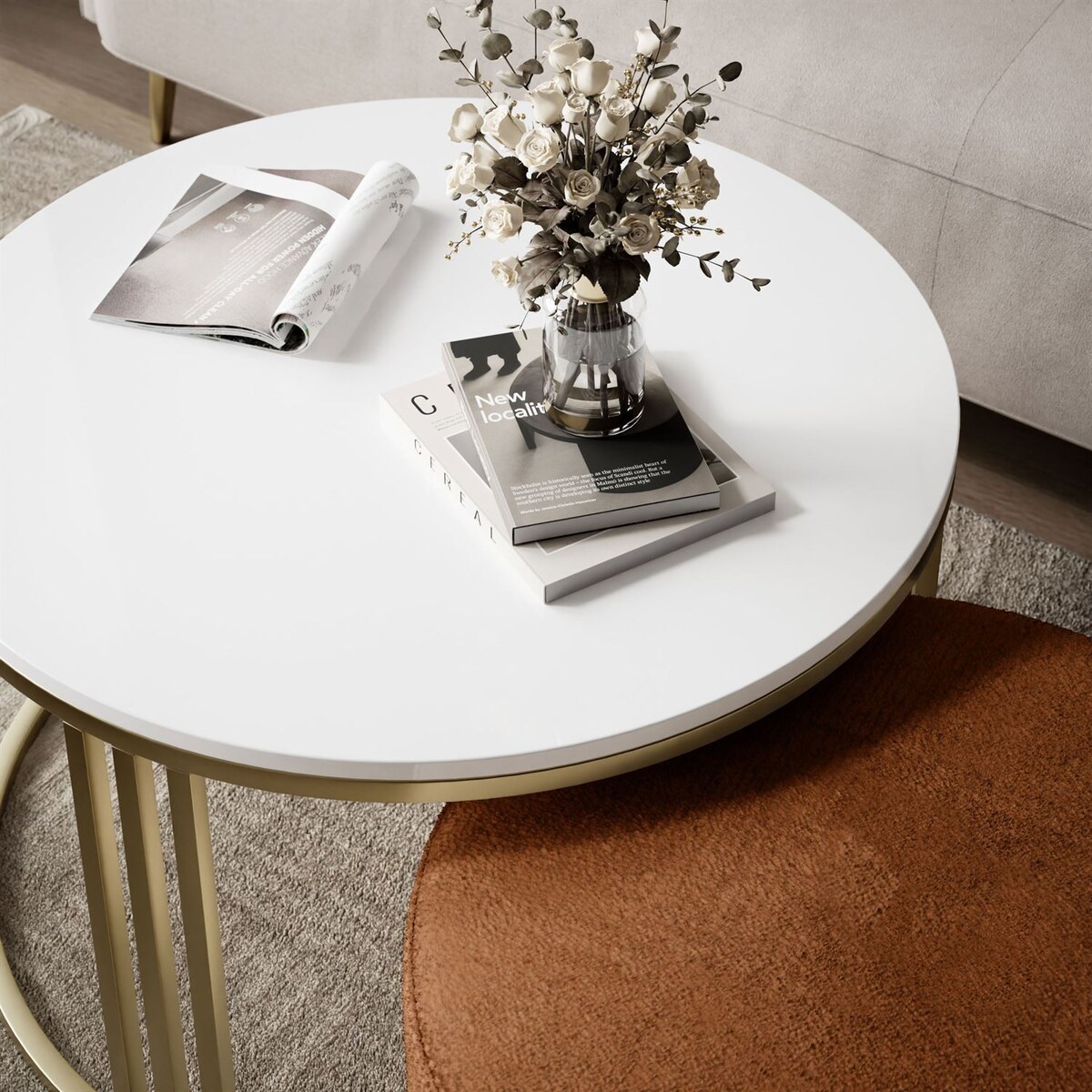 Stolik kawowy z pufą LORI POŁYSK złoto szczotkowane, biały / Perfect Harmony 52