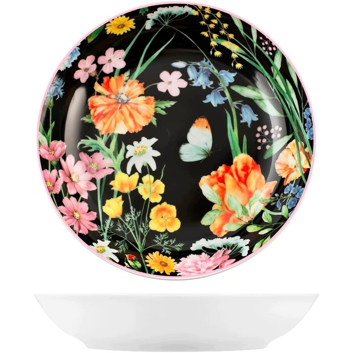Serwis obiadowy Pengo H&H włoskie talerze na 6osób czarne w kwiaty porcelan