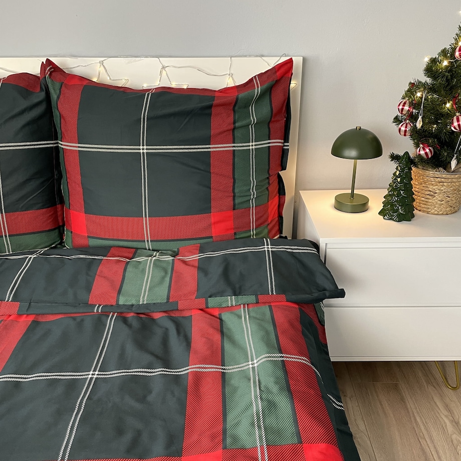 Pościel bawełniana satynowa świąteczna 140x200 CZERWONA ZIELONA KRATA SZKOCKA PREMIUM