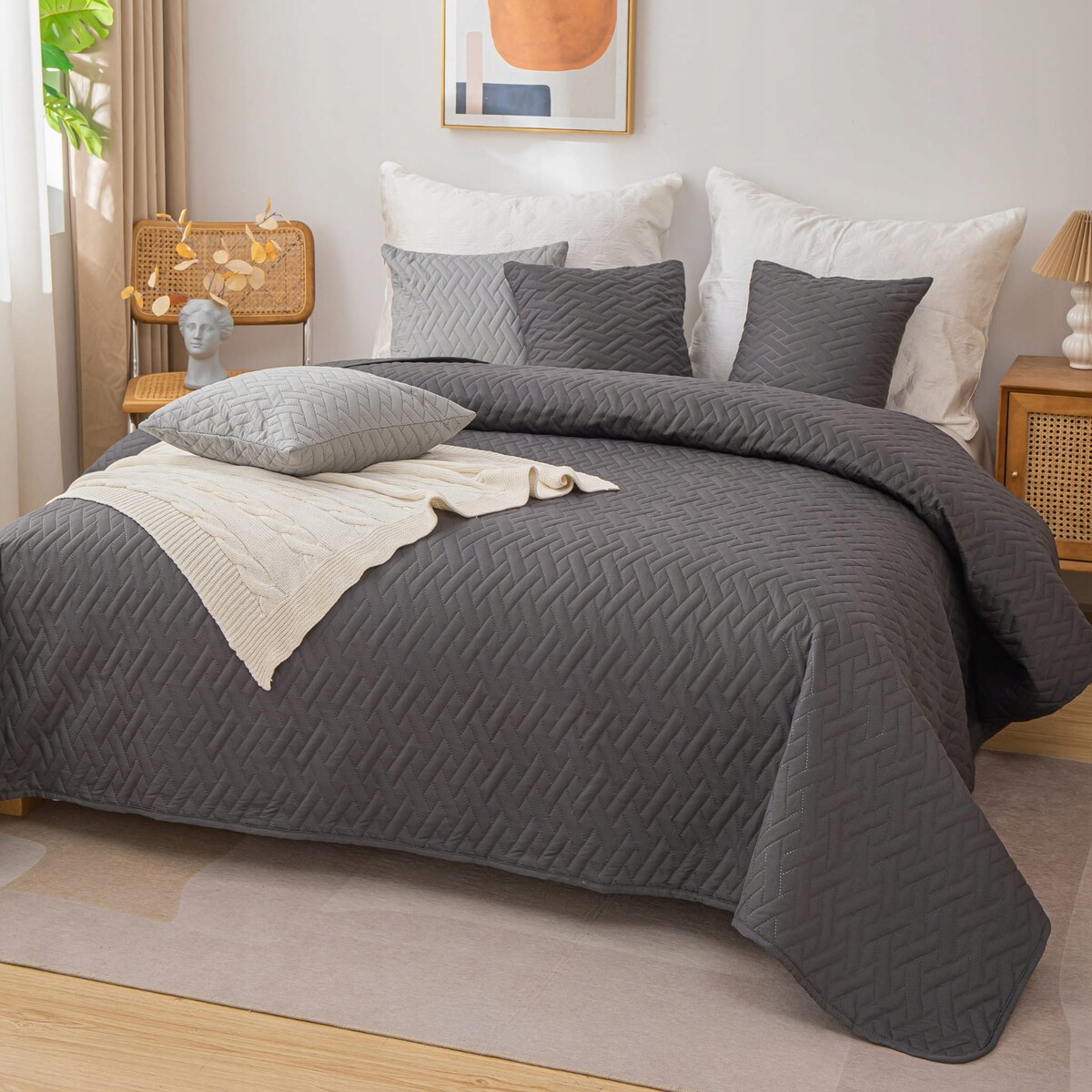 Narzuta na Łóżko 200 x 220 Pikowana Dash Grafit Dwustronna Jednokolorowa