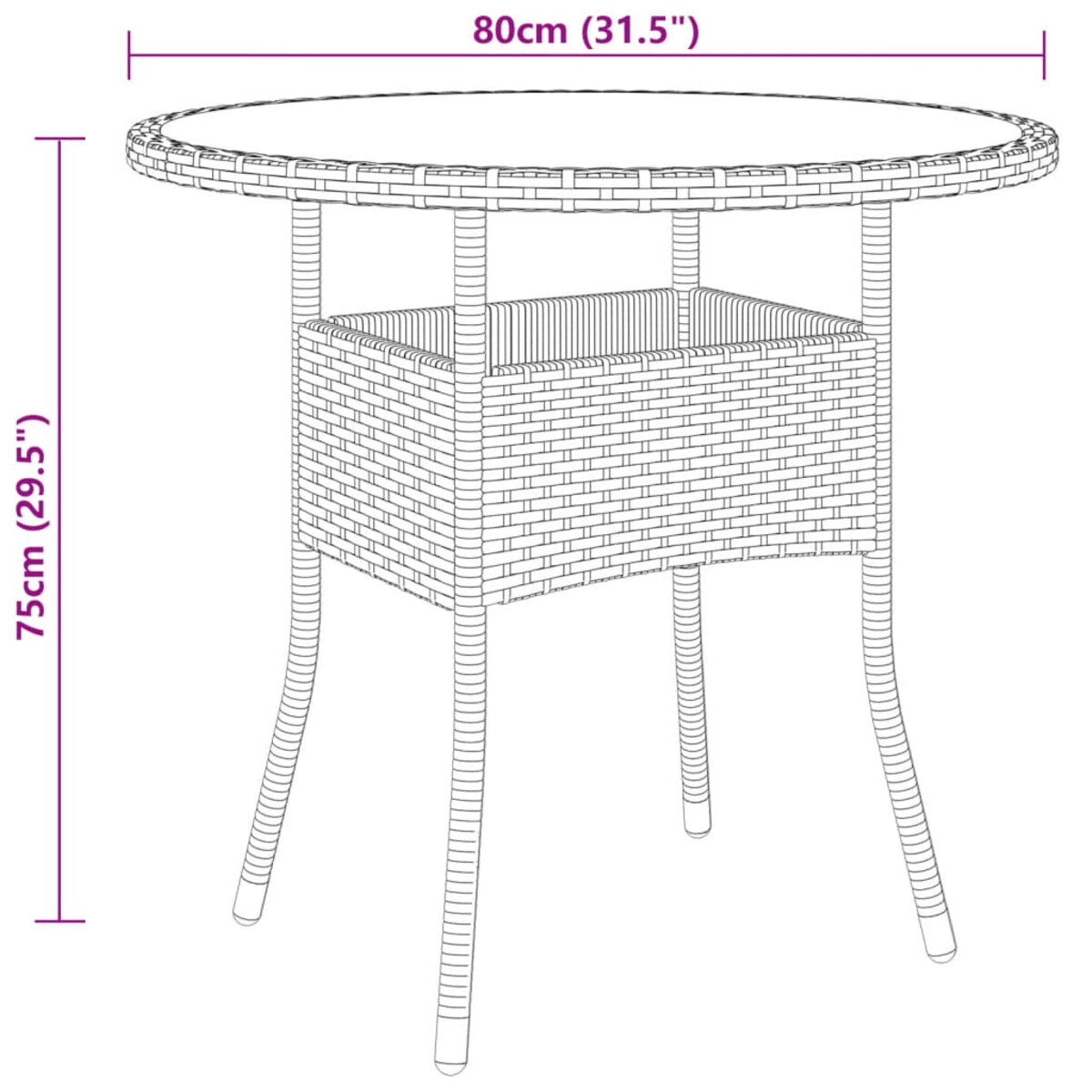 vidaXL Stolik ogrodowy, Ø80x75 cm, szkło i rattan PE, brązowy