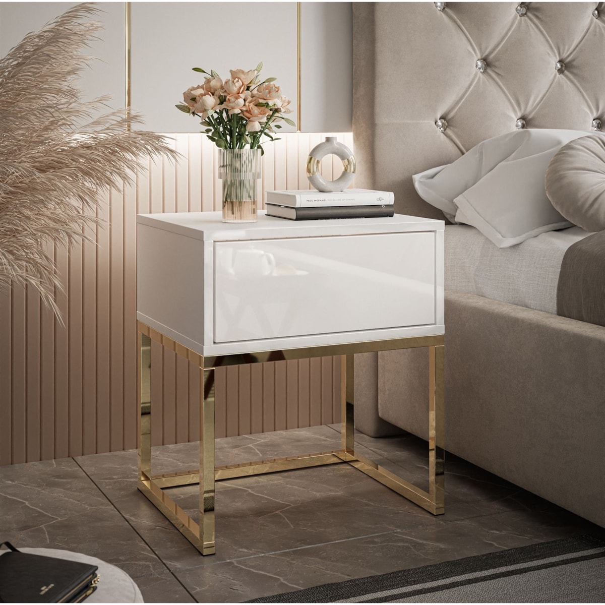 Stolik nocny BLANCO GOLD biały high gloss na złotym stelażu 45x52x36,6 cm