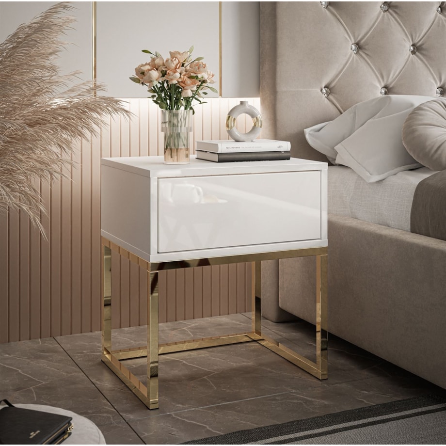 Stolik nocny BLANCO GOLD biały high gloss na złotym stelażu 45x52x36,6 cm