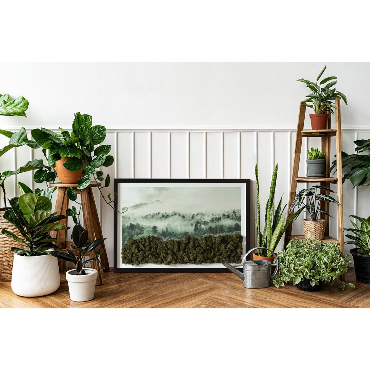 Obraz Las we mgle - mech chrobotek w czarnej ramie 60x40cm