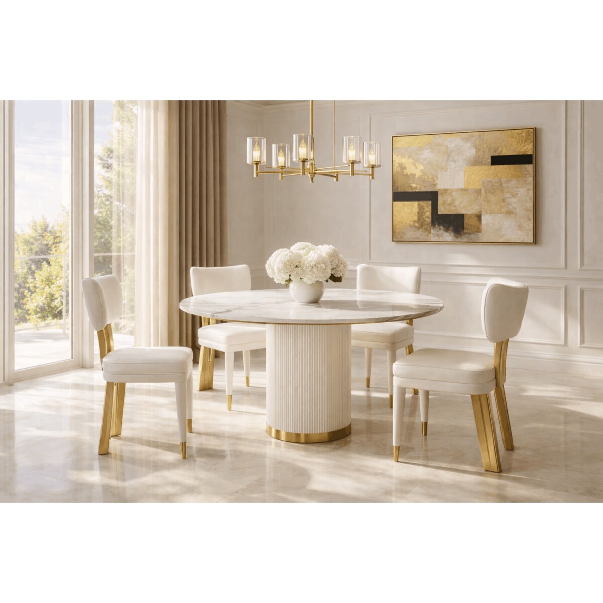 Okrągły stół glamour ryflowany Luna Ecru z marmurem 120x120x75