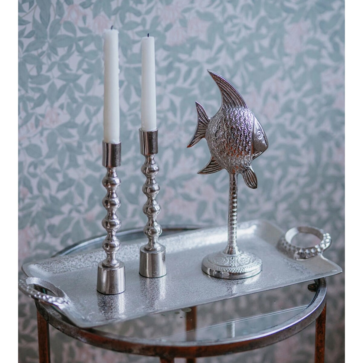 FIGURKA RYBA MARYNISTYKA LOFT BOHO SREBRNA DEKORACYJNA SKANDYNAWSKA DO DOMU