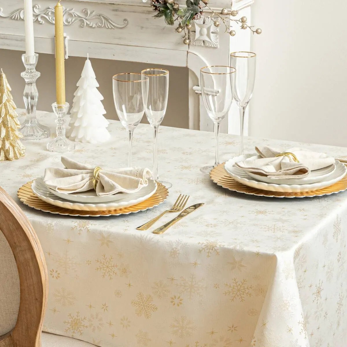 Obrus świąteczny, żakardowy, beżowo-złoty w gwiazdy, 140x360 cm