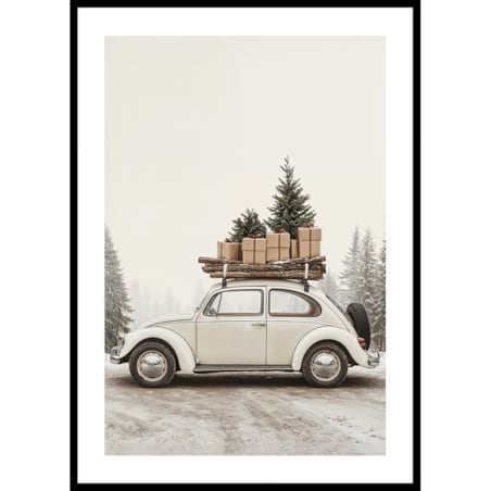 Poster Story, Plakat, Obraz - Zabytkowy Samochód z Prezentami i Choinką, wymiary 21 x 30 cm