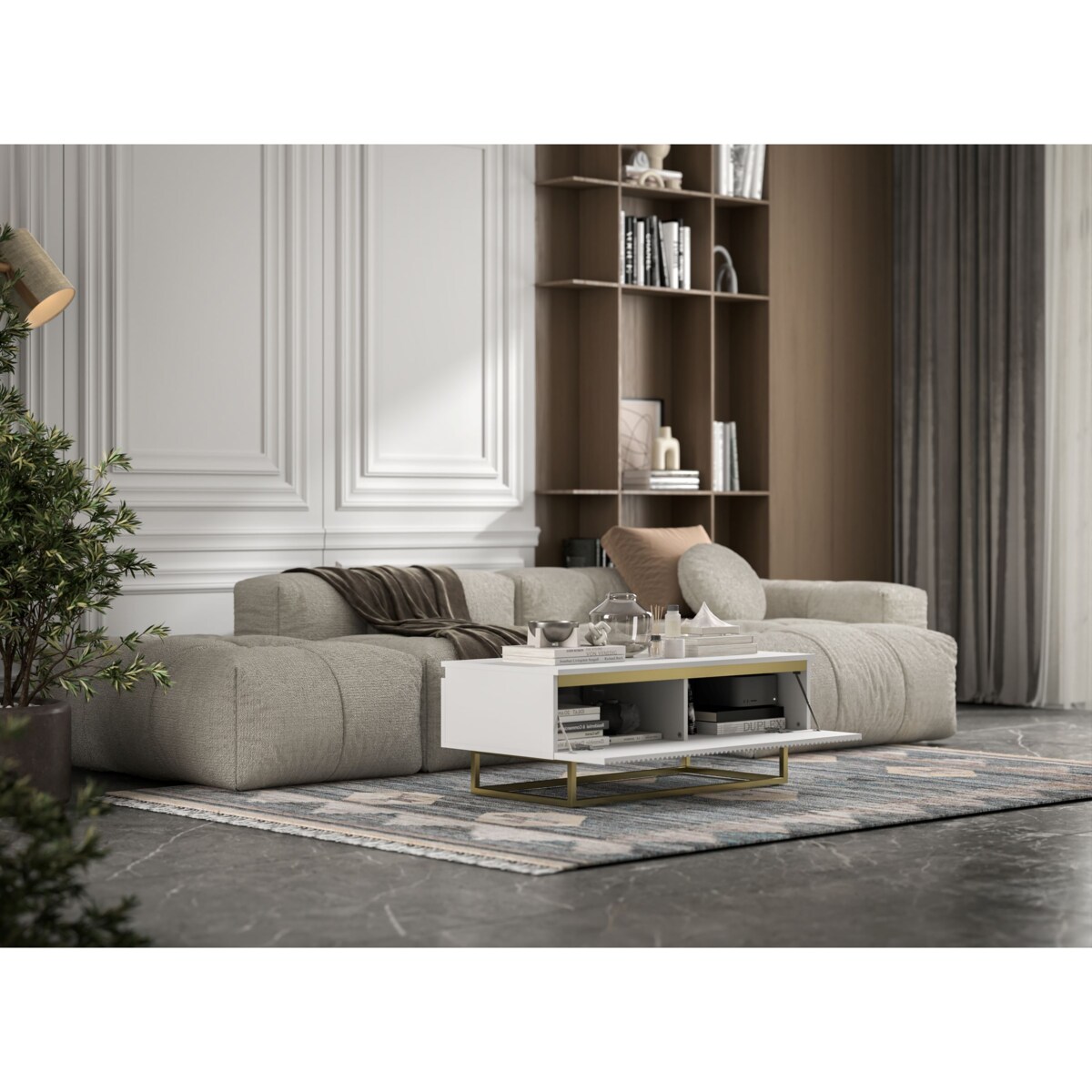 Stolik kawowy Glamour prostokątny elegancka ława Biały Mat Stelaż w złotym kolorze 109 cm