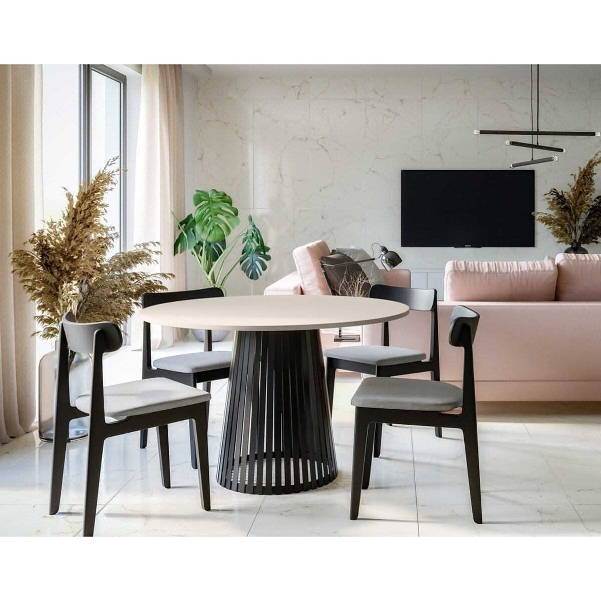 Stół okrągły VIV z lamelami do jadalni , salonu, blat 90 cm - kaszmirowy