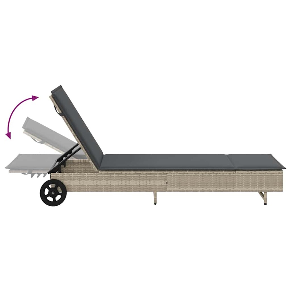 vidaXL Leżak na kółkach, z poduszką, jasnoszary, polirattan