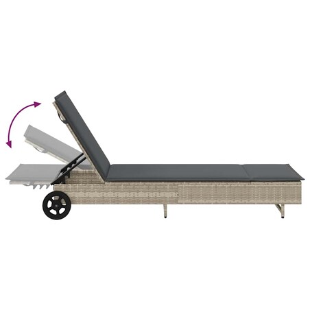 vidaXL Leżak na kółkach, z poduszką, jasnoszary, polirattan