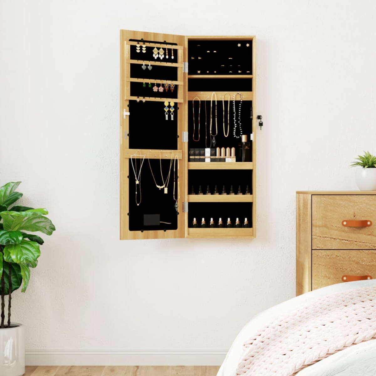vidaXL Szafka ścienna na biżuterię, z lustrem i oświetleniem LED