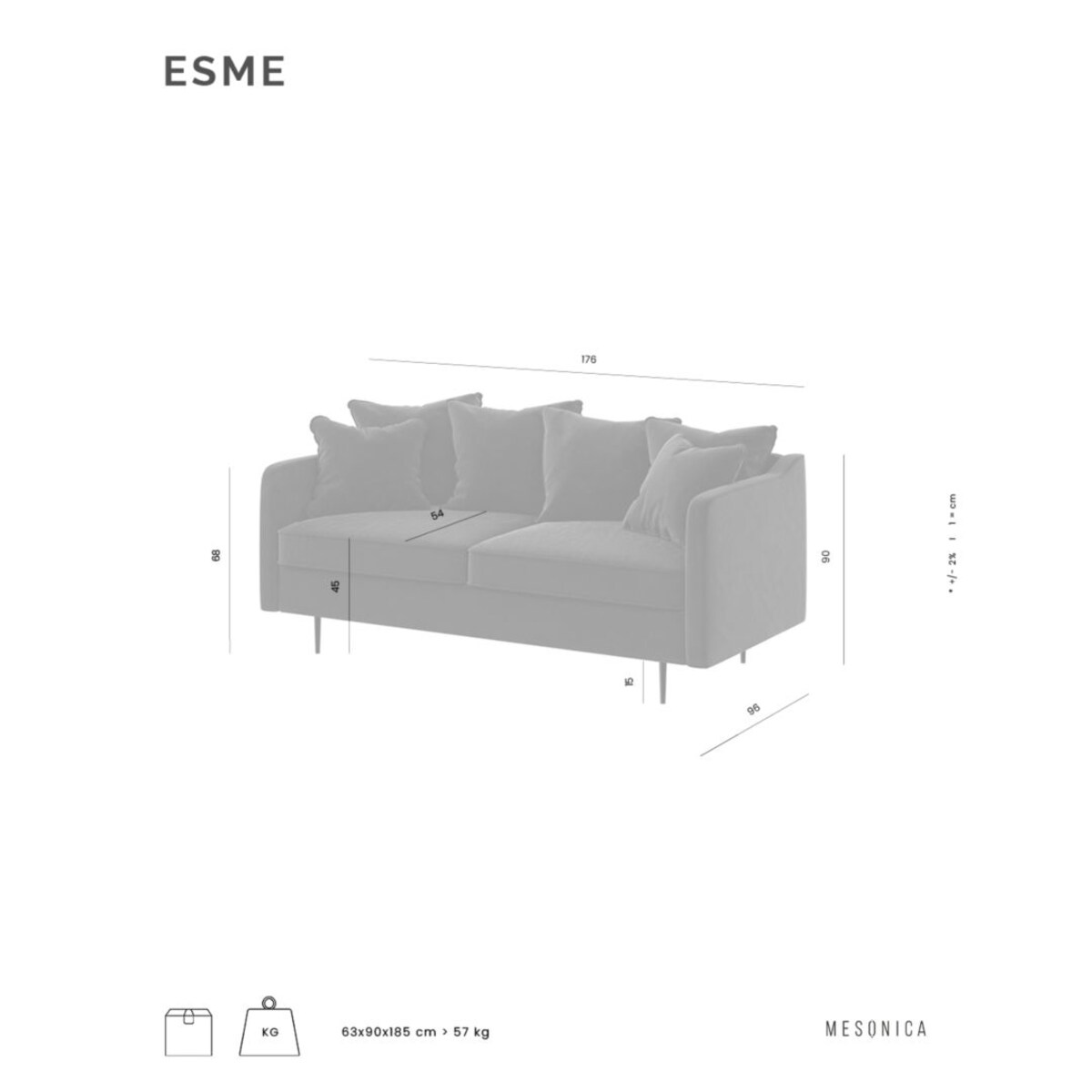 Esme Sofa 2-osobowa - jasnoszara