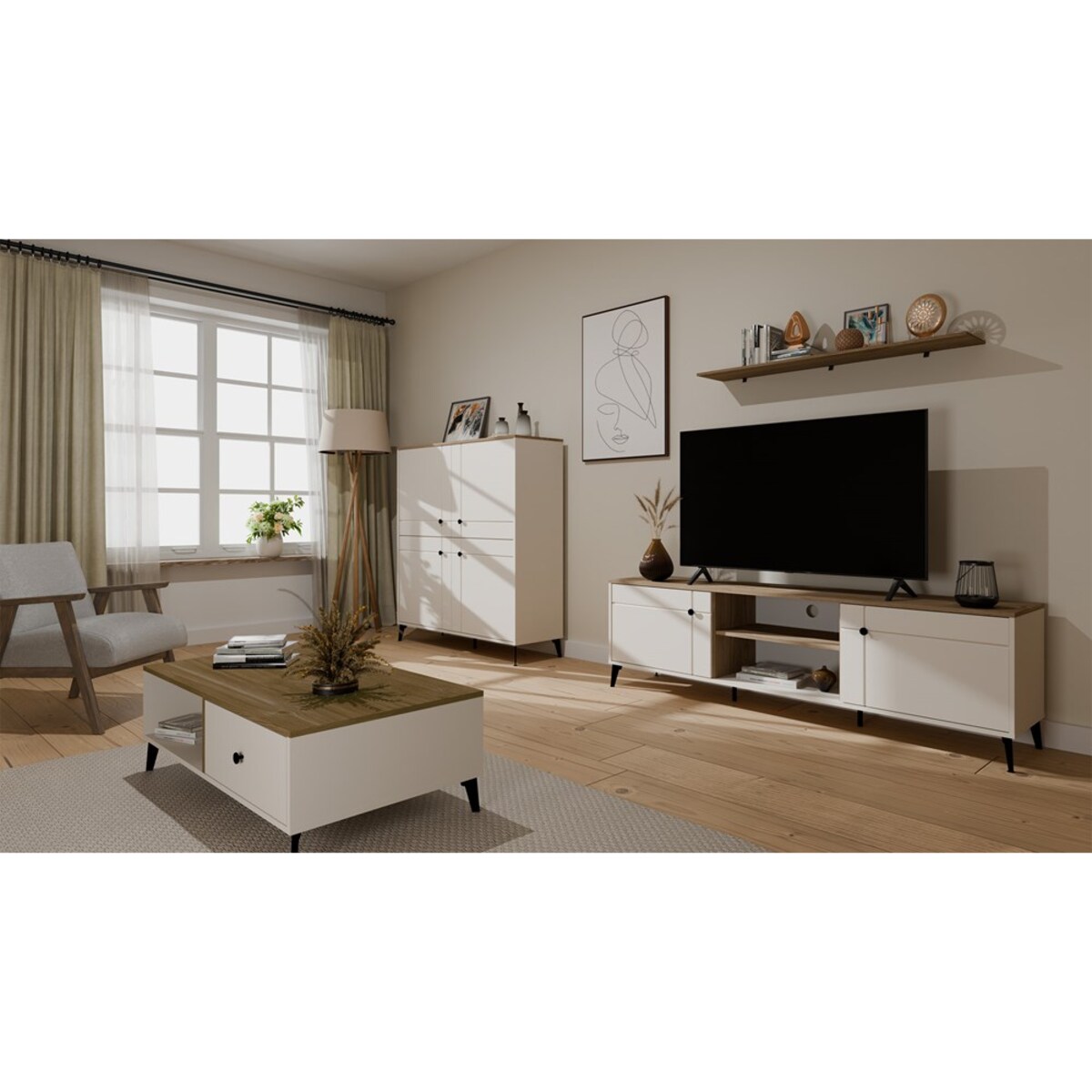 Komoda POINT 4D Kaszmir Beż Dąb Castello Szafka 4 Drzwi 8 Półek Do Salonu