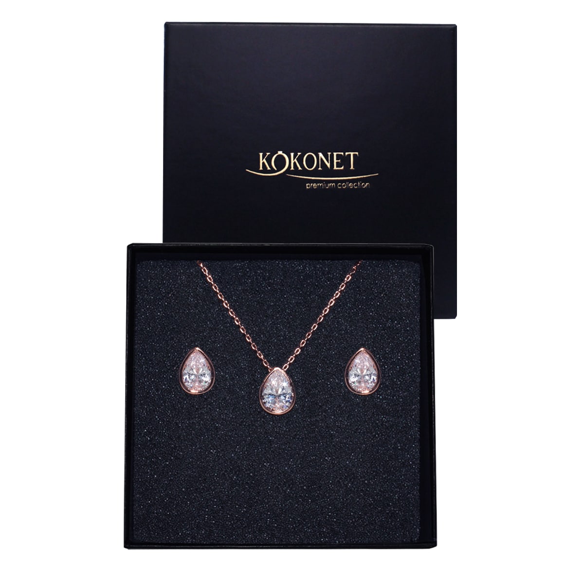 Komplet biżuterii różowe złoto cyrkonie ŁEZKI na ślub wesele galę okazję