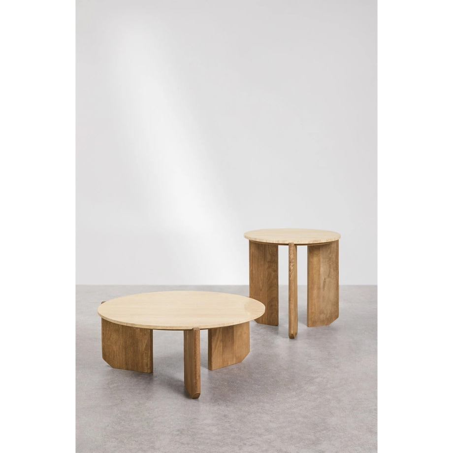 Komplet 2 stolików kawowych z trawertynu i drewna mango Lavinia