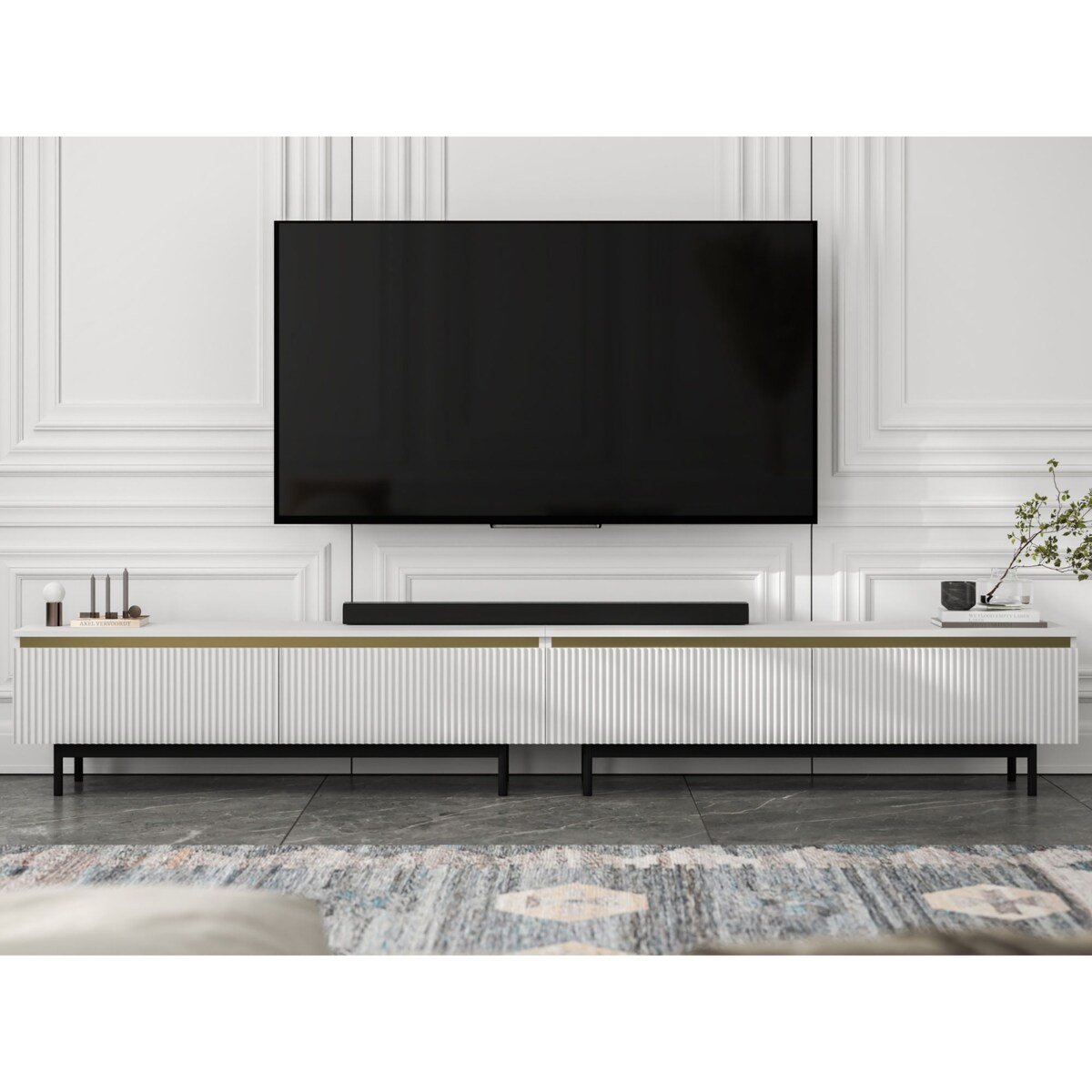 Nowoczesna Szafka RTV Glamour Komoda RTV Biały Mat 280 cm czarne akcenty