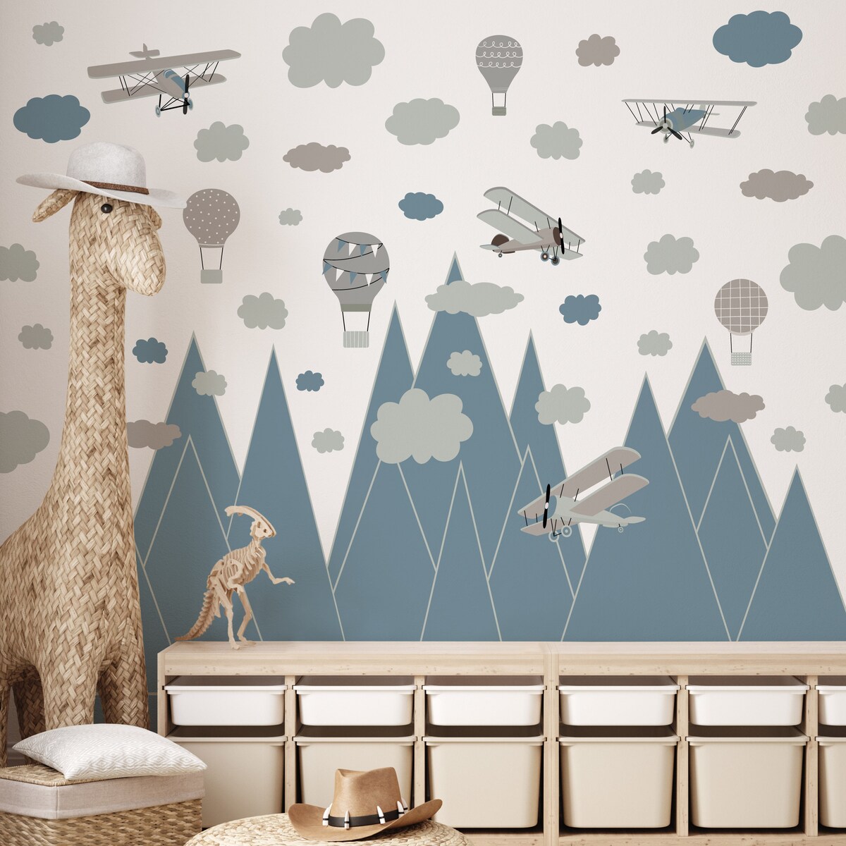 ZESTAW NAKLEJEK DLA DZIECI NIEBIESKIE GÓRY SAMOLOT BALONY CHMURY