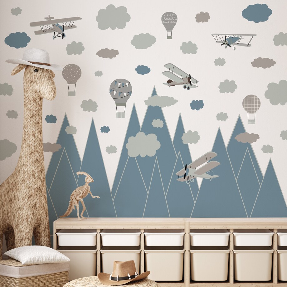 ZESTAW NAKLEJEK DLA DZIECI NIEBIESKIE GÓRY SAMOLOT BALONY CHMURY