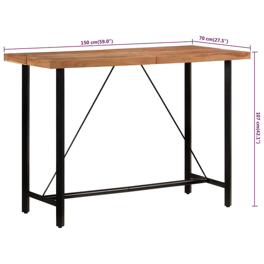 vidaXL Stolik barowy, 150x70x107 cm, lite drewno akacjowe i żelazo