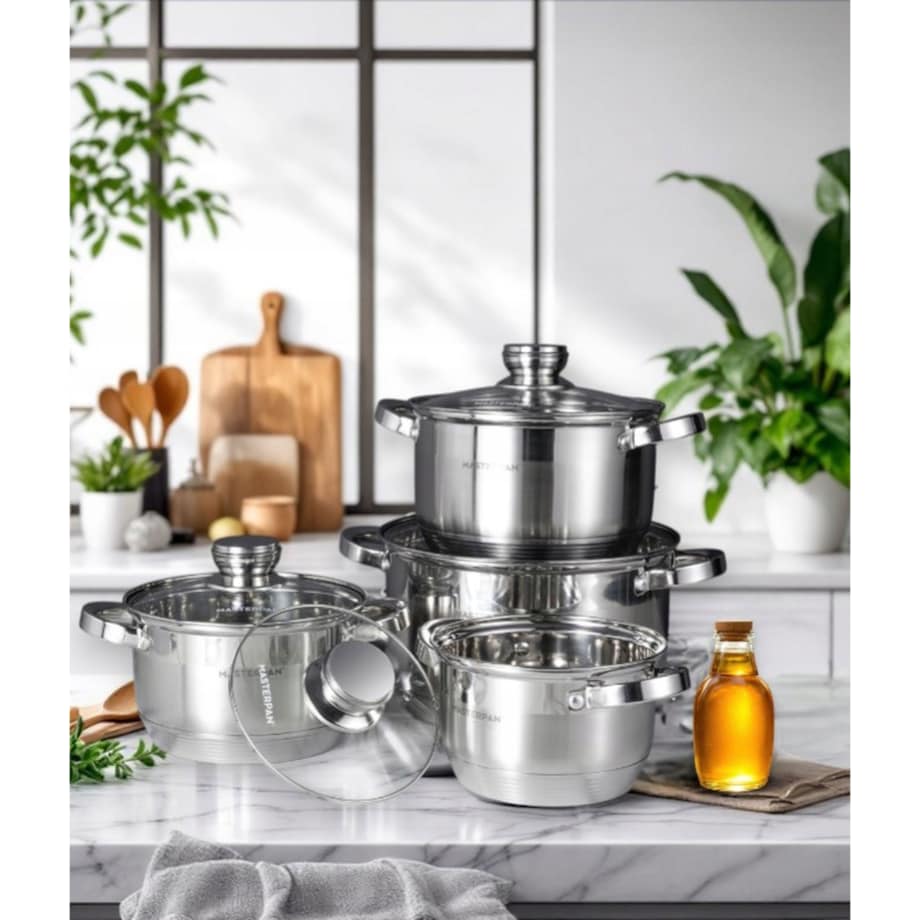 Komplet Zestaw Garnków Ze Stali Nierdzewnej Indukcja Gaz 8 El. Dno 7 Warstw