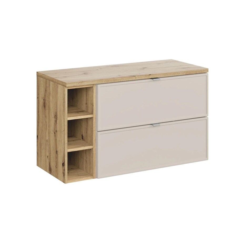 Szafka pod umywalkę nablatową BELLA CASHMERE 80cm kaszmir/dąb artisan - zestaw 100 cm z regałem i blatem