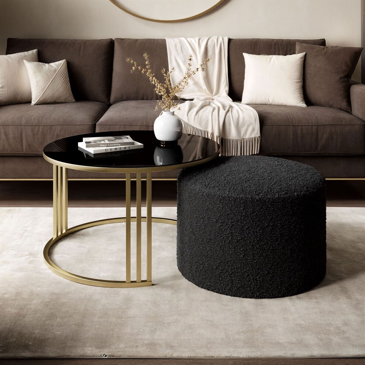 Stolik kawowy z pufą LORI GLASS złoto szczotkowane, czarne szkło / Coral 60