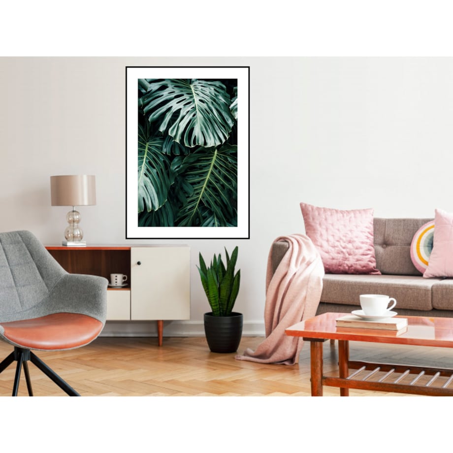 Poster Story, Plakat, Obraz - Liście Monstery na Czarnym Tle, wymiary 30 x 42 cm