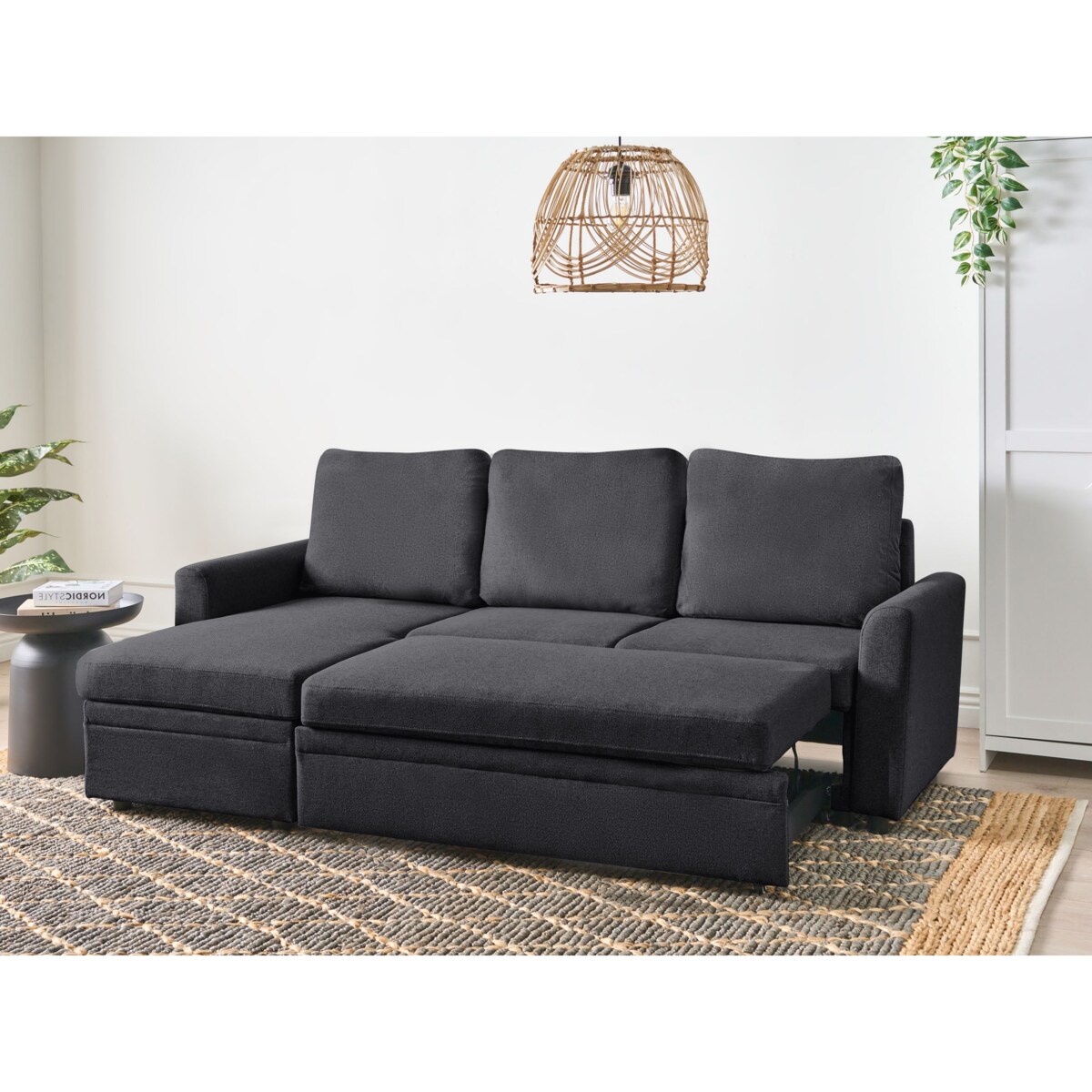 Narożnik rozkładany NASSJO Len syntetyczny Czarny dla 3 osób Prawostronny