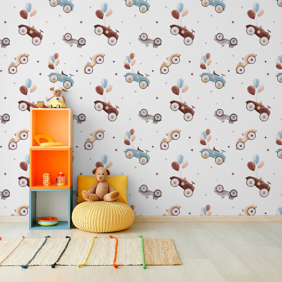 Tapeta Dziecięca Retro SAMOCHODY Baloniki Gwiazdki