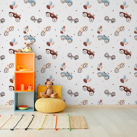 Tapeta Dziecięca Retro SAMOCHODY Baloniki Gwiazdki