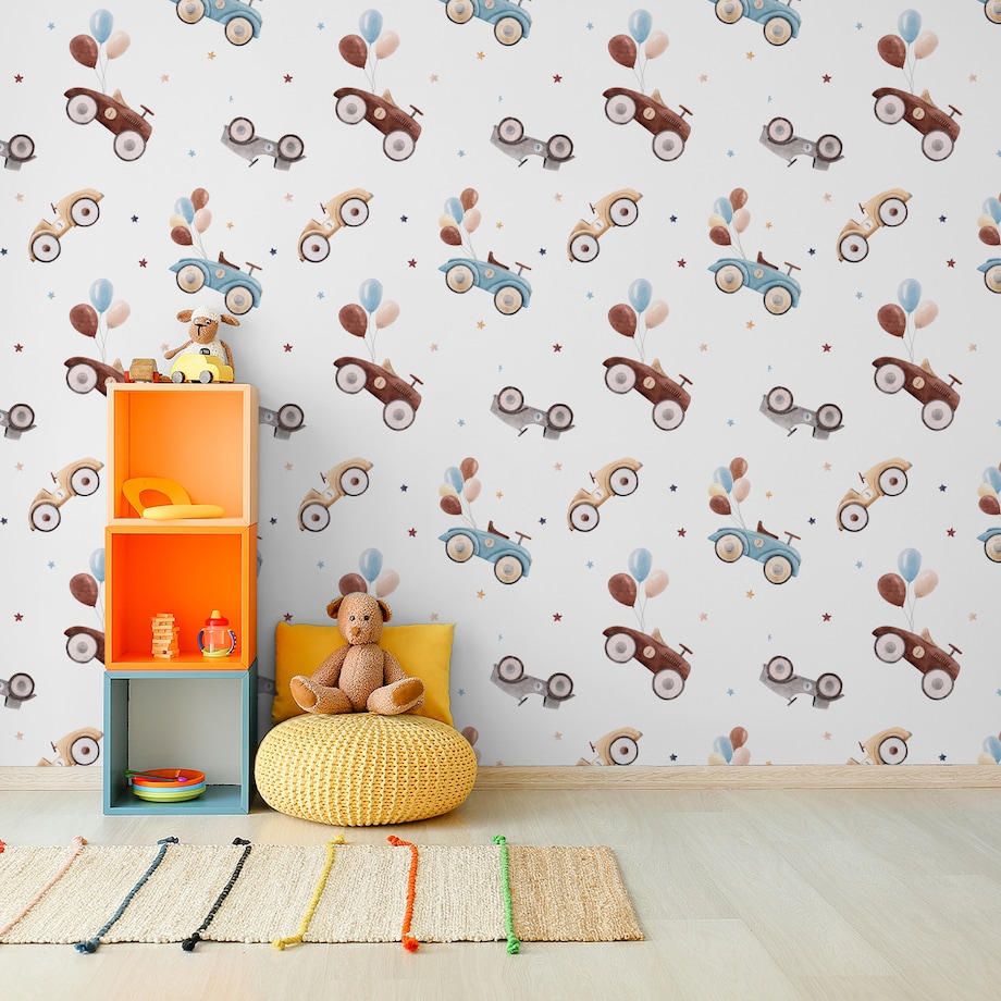 Tapeta Dziecięca Retro SAMOCHODY Baloniki Gwiazdki