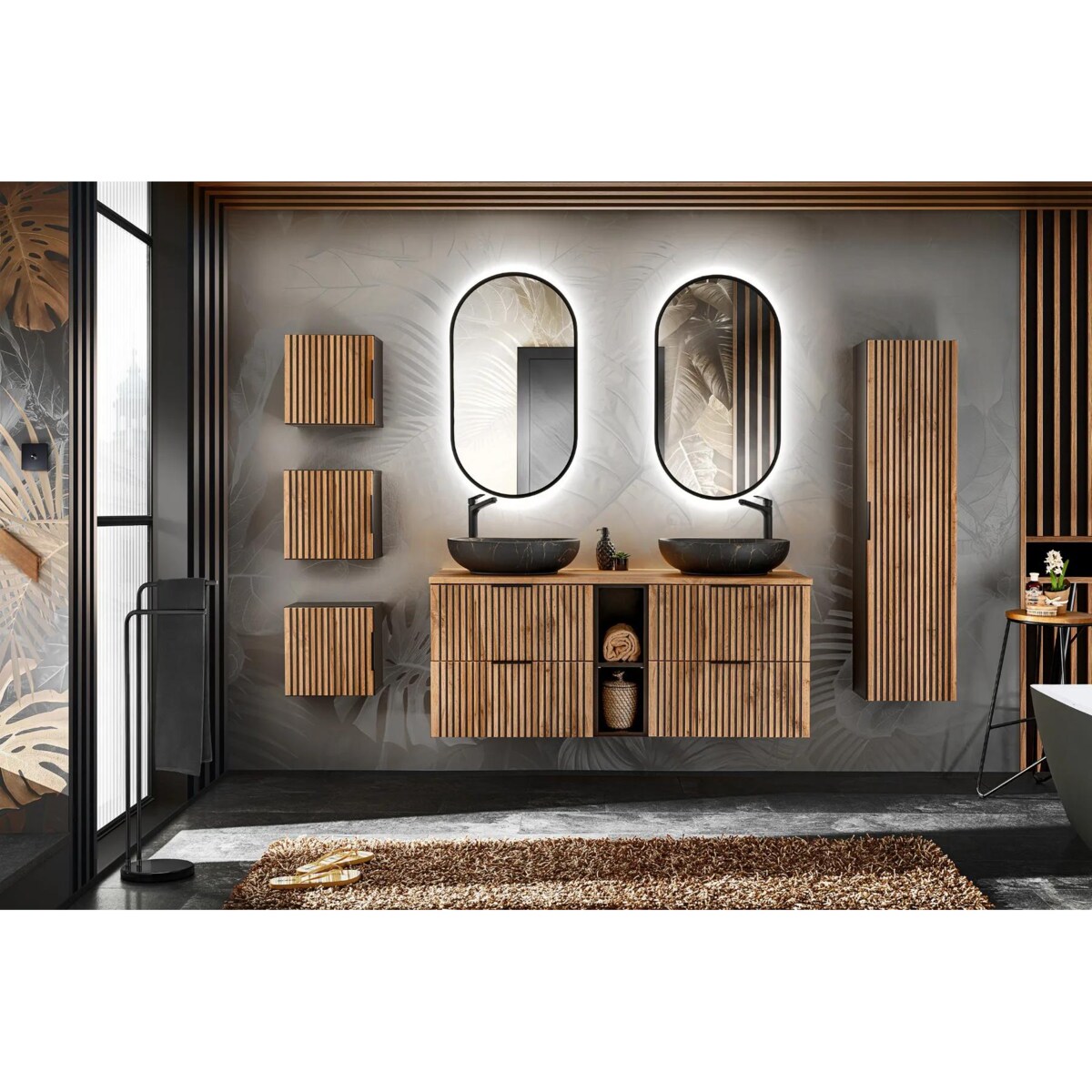 Szafka pod umywalkę nablatową XILO BLACK WOTAN 82 czarna/dąb x2 + regał - zestaw 140 cm z blatem