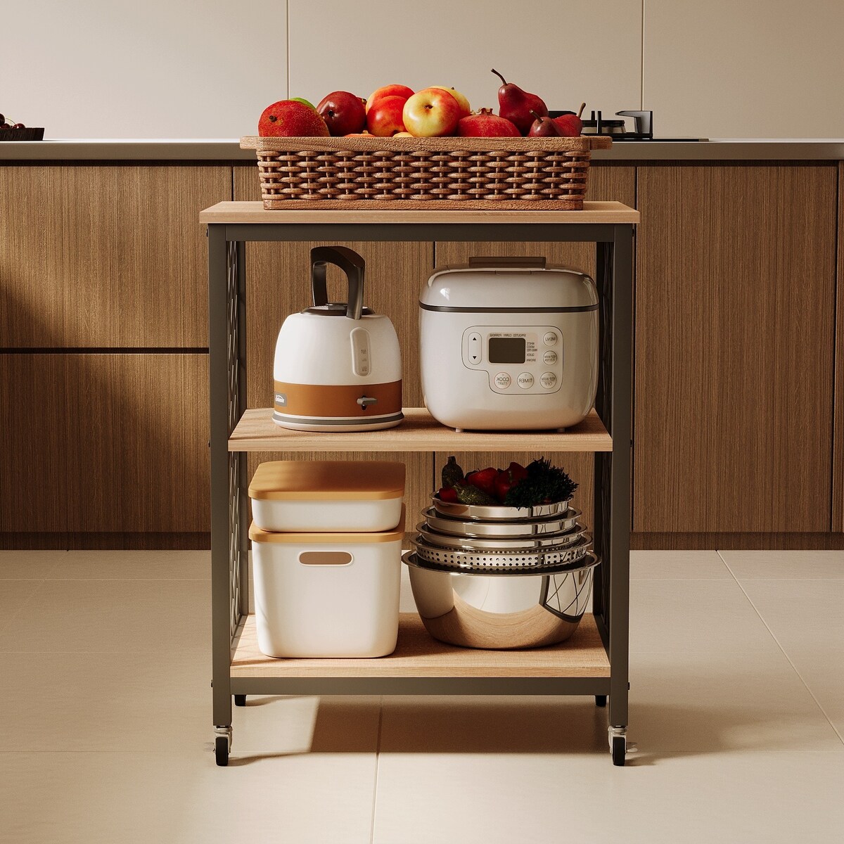 Szafka mobilna na kółkach jasny brązowy loft stolik wózek kuchenny 60 cm